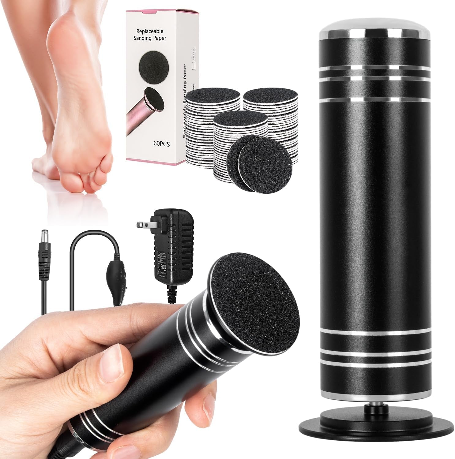 Electric Foot Callus Remover - Professional Aluminum Foot File Adjustable Speed with 60Pcs Sandpaper Disks Summer Pedicure Tool for Dead Skin