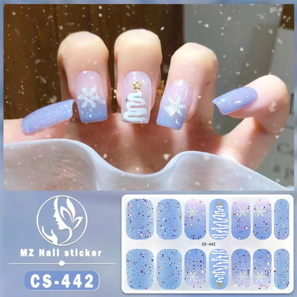 6 Sheets Christmas Nail Wraps Gel Nail Stickers 3D Christmas Nail Polish Strips Winter Xmas Tree Santa Claus Reindeer Designs Gel Nail Strips White Glitter Snowflake Full Warps for Women Holiday Decor