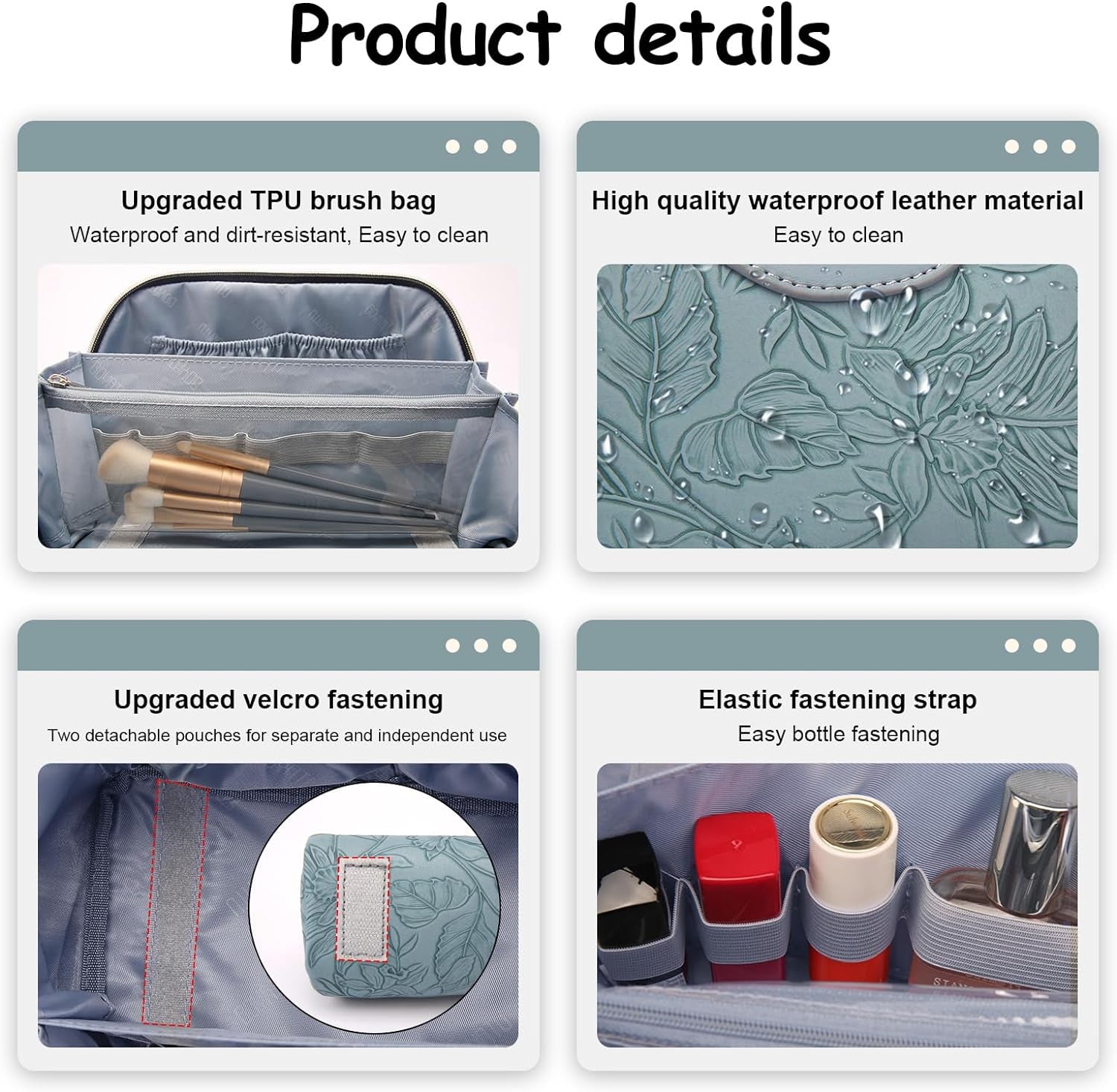 Travel Makeup Bags Cosmetic Organizer Bag: 3-Set Large Capacity Make up Bag - PU Leather Toiletry Bags for Women - Wide Open Portable Pouch with Divider & Handle (01-Light Blue)