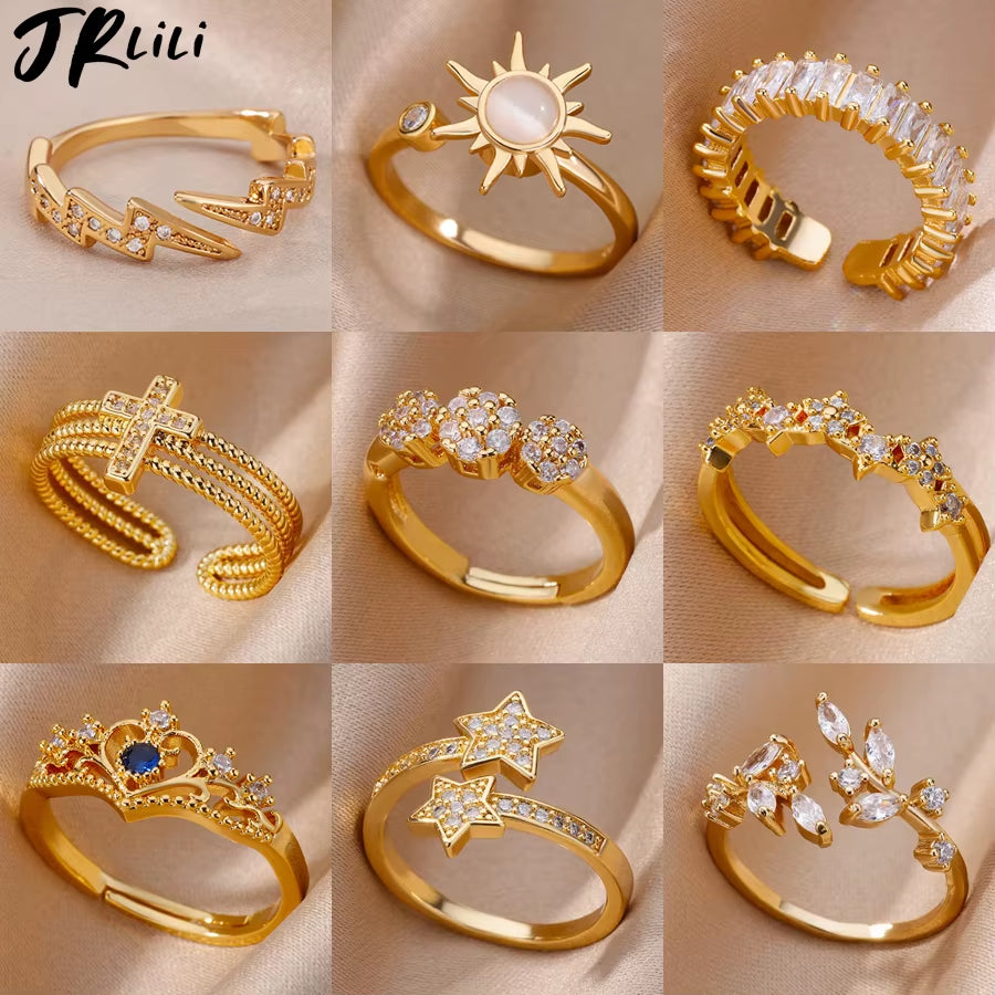 Zircon Flower Shaped Rings for Women Stainless Steel Open Ring Fashion Korean New Wedding Jewerly Gift