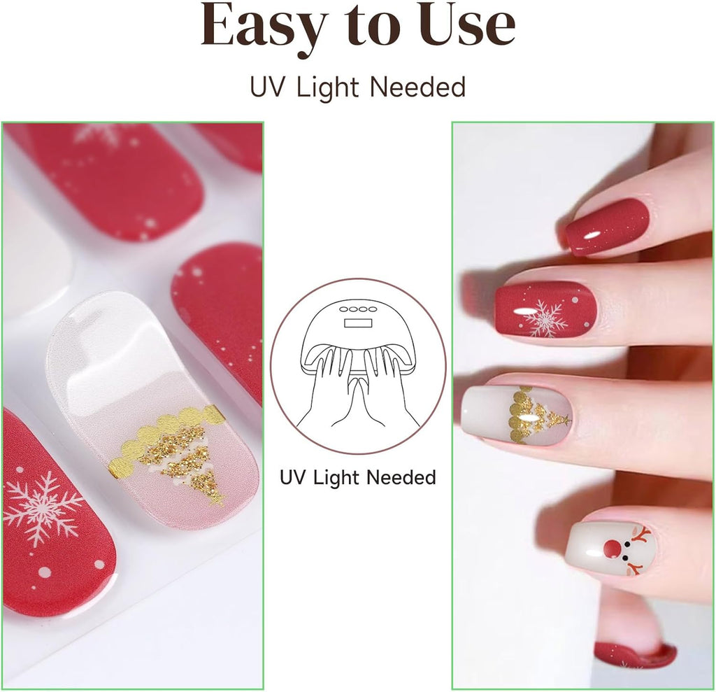 Semi Cured Gel Nail Strips, 28 Pcs Christmas Tree Snowflake Gel Nail Stickers Full Nail Wraps for Women, Long Lasting UV Light Needed, Winter Holiday