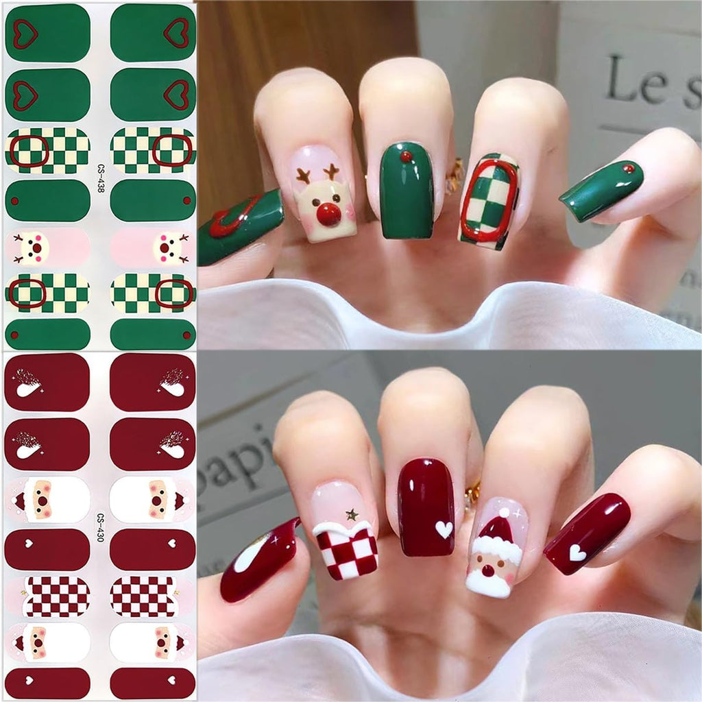 6 Sheets Christmas Nail Wraps Gel Nail Stickers 3D Christmas Nail Polish Strips Winter Xmas Tree Santa Claus Reindeer Designs Gel Nail Strips White Glitter Snowflake Full Warps for Women Holiday Decor