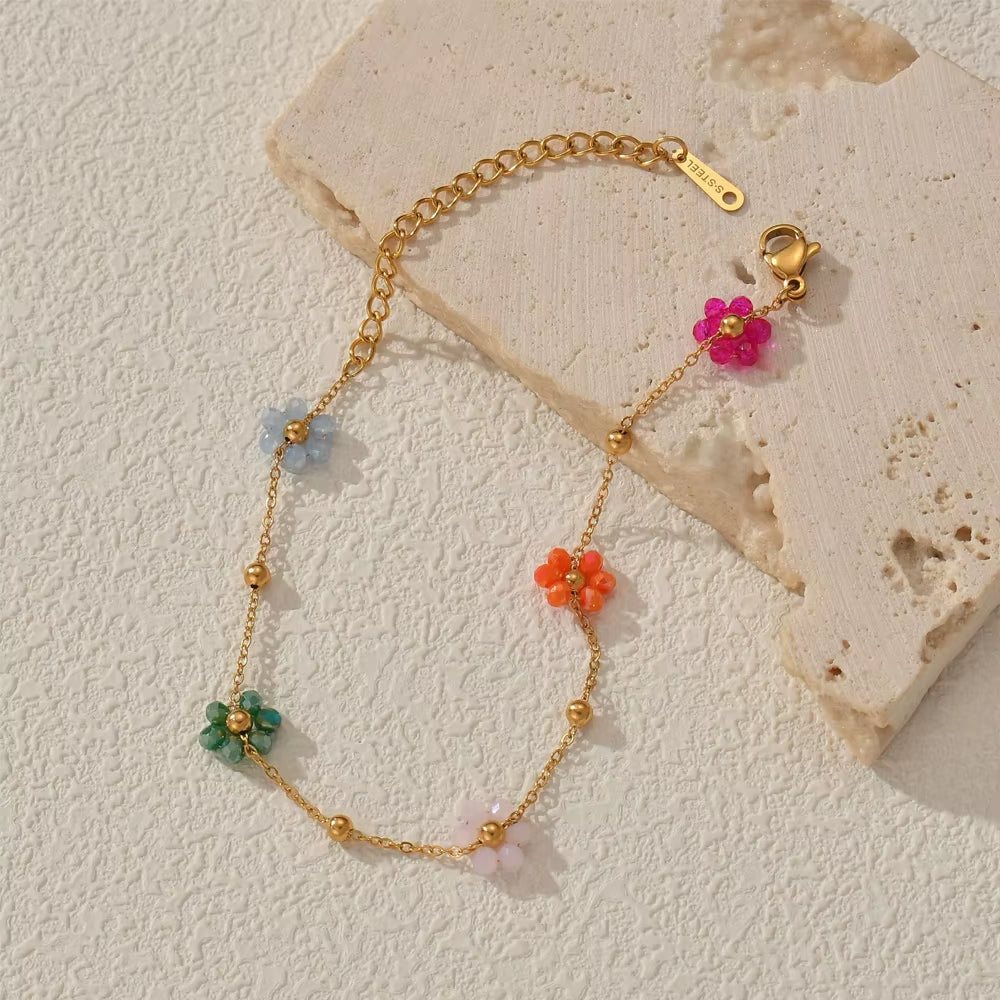 Sifisrri Vintage Color Flower Beads Chain Necklace Bracelet Jewerly Set for Women Stainless Steel Fashion Valentine'S Day Gift