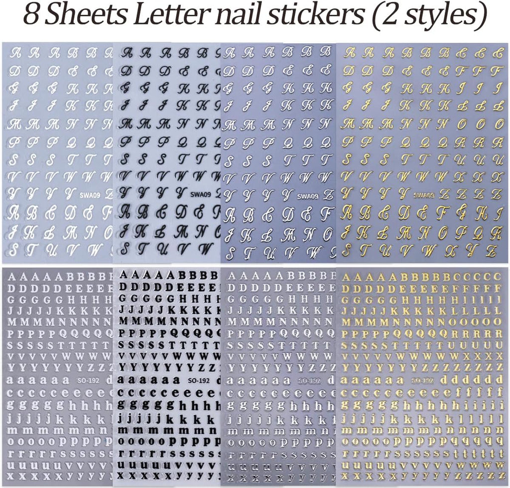 English Letters Nail Stickers for Nail Art, 8 Sheets English Letters Nail Decals with Retro Design, 3D Self-Adhesive Black White Gold Silver Letters Nail Art Sticker for DIY Nail Decoration Charms