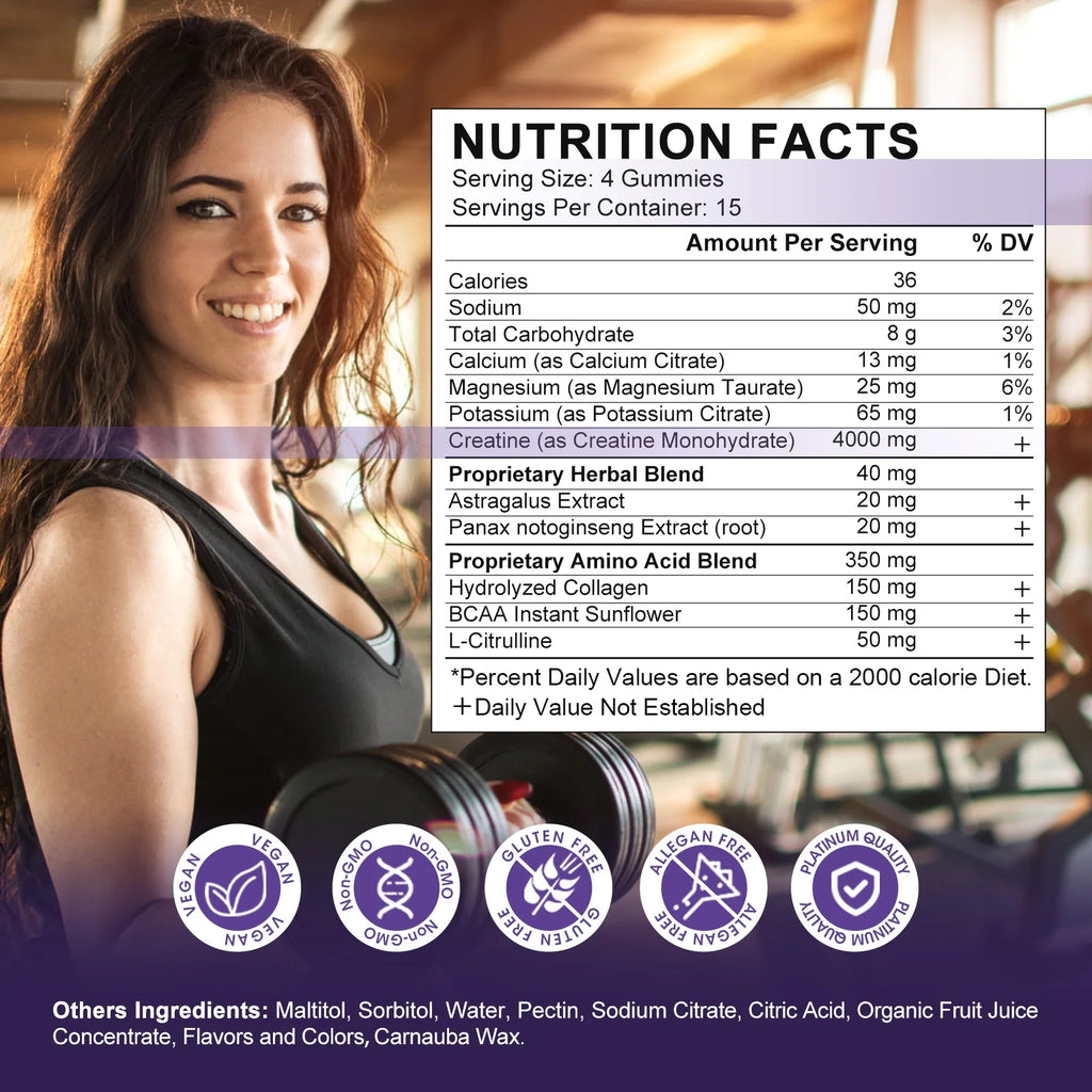 (2 Pack)Creatine Monohydrate Gummies for Women & Men, Boost Focus, Strength, and Endurance, Gluten-Free, Non-Gmo, 4 Grams of Creatine per Serving