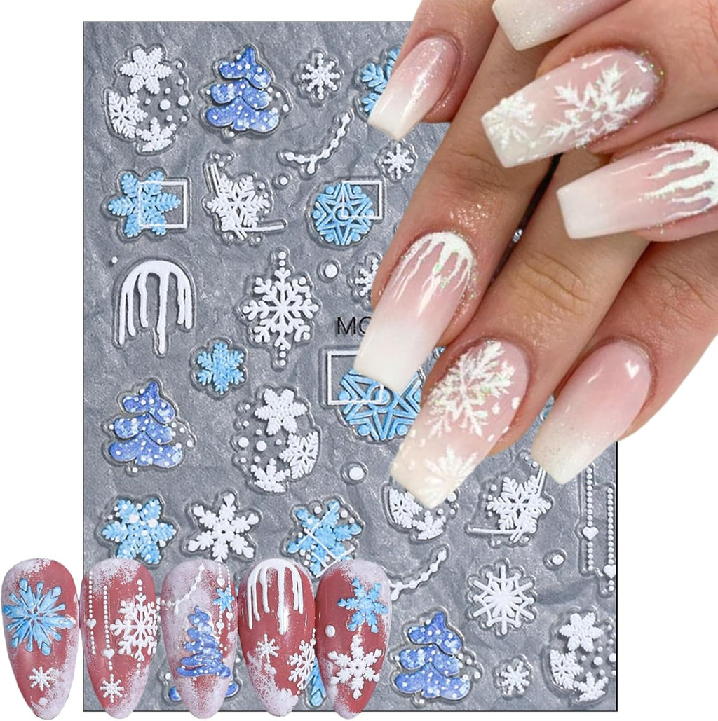 3 Sheets Christmas White Snowflake Nail Art Stickers 5D Embossed Blue Xmas Tree Nail Decals Xmas Winter French Snowflake Design Nail Stickers for Women and Girls DIY Christmas Nail Decoration