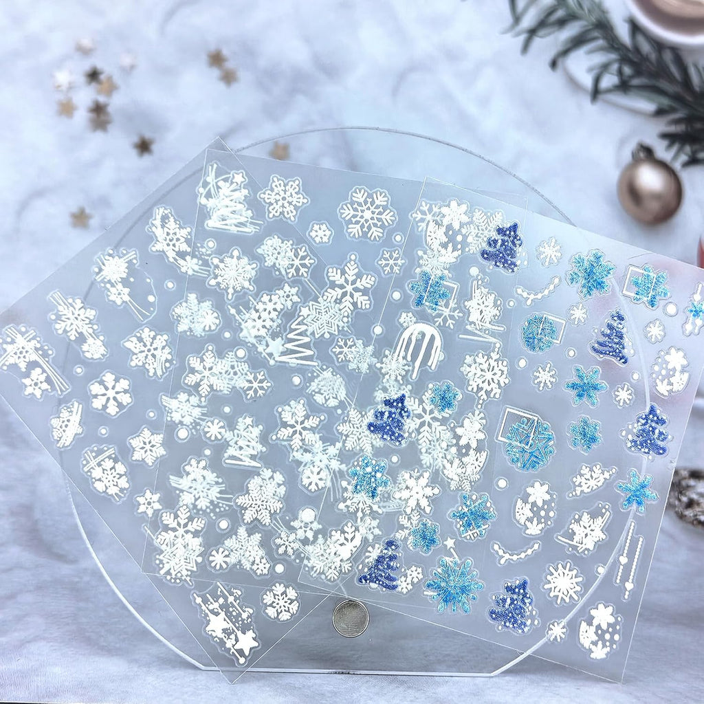 3 Sheets Christmas White Snowflake Nail Art Stickers 5D Embossed Blue Xmas Tree Nail Decals Xmas Winter French Snowflake Design Nail Stickers for Women and Girls DIY Christmas Nail Decoration