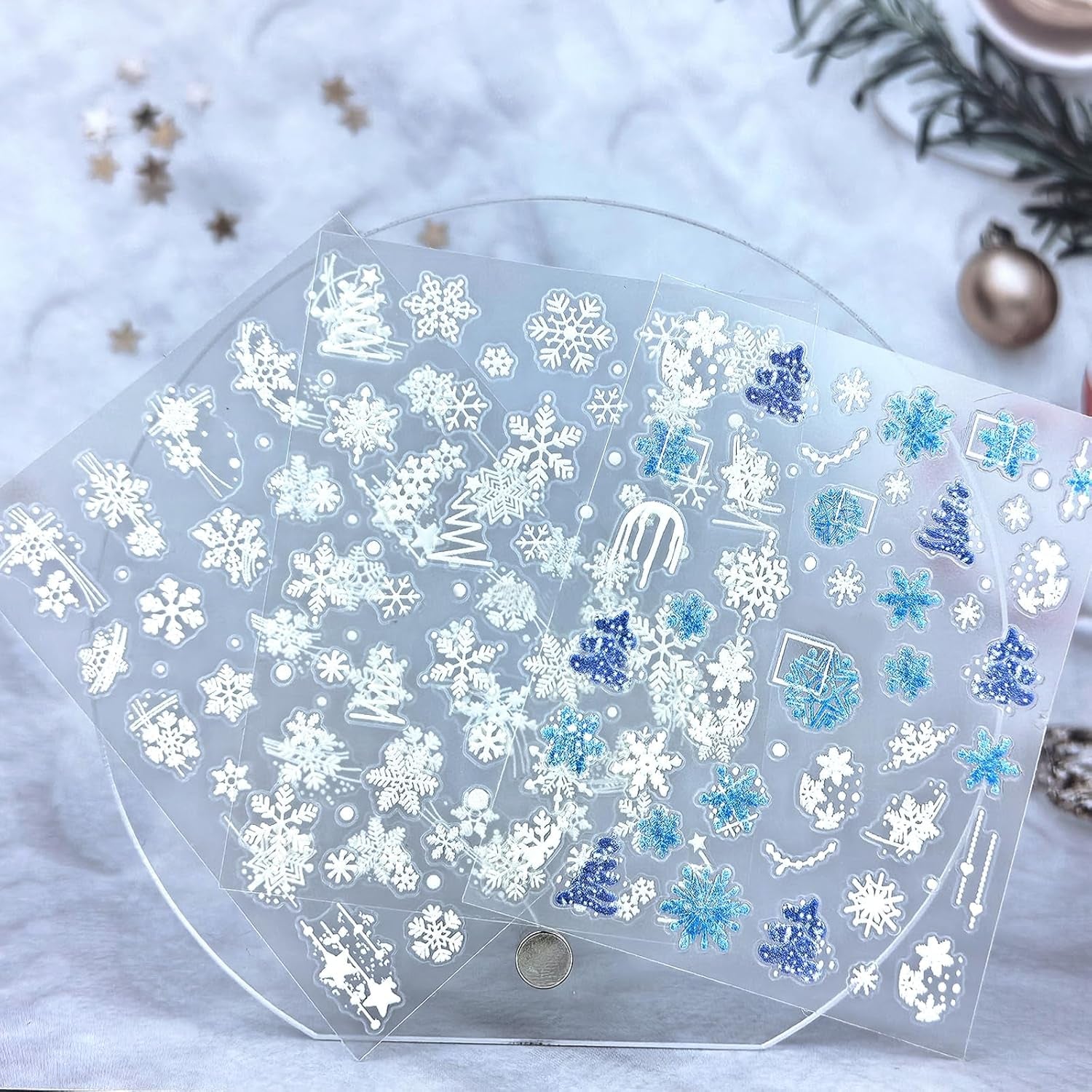 3 Sheets Christmas White Snowflake Nail Art Stickers 5D Embossed Blue Xmas Tree Nail Decals Xmas Winter French Snowflake Design Nail Stickers for Women and Girls DIY Christmas Nail Decoration
