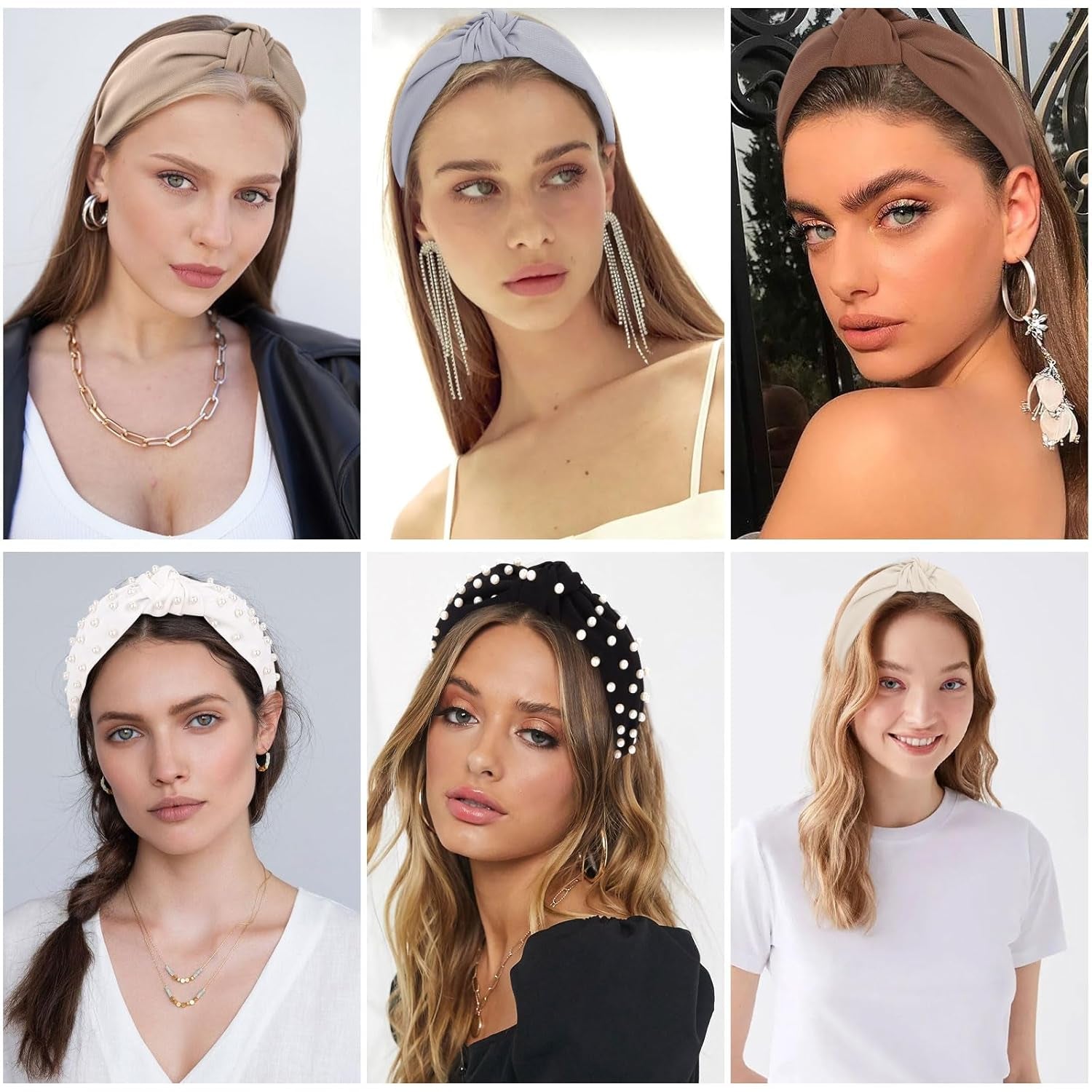 6PCS Knotted Headbands for Women Girls Non Slip Pearl Headband Top Knot Headband for Women Black White Brown Head Band Hair Accessories for Women