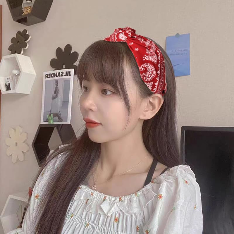 Red Bandana Headbands for Women - Paisley Print Wide Turban, Vintage Cross Twist Knot, Non-Slip Boho Hair Accessories