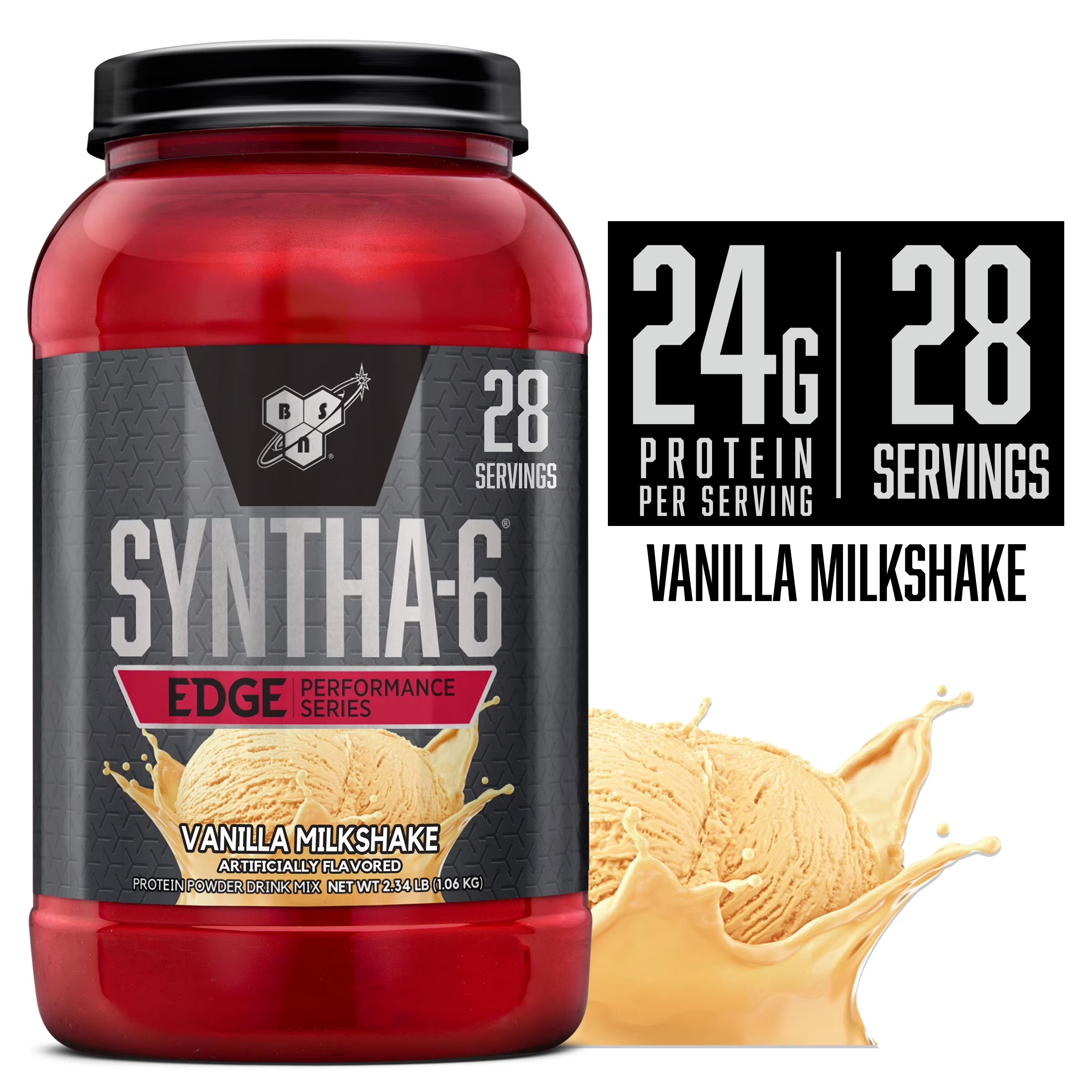 SYNTHA-6 Edge Protein Powder, Vanilla Protein Powder with Hydrolyzed Whey, Micellar Casein, Milk Protein Isolate, Low Sugar, 24G Protein, Vanilla Milkshake, 28 Servings