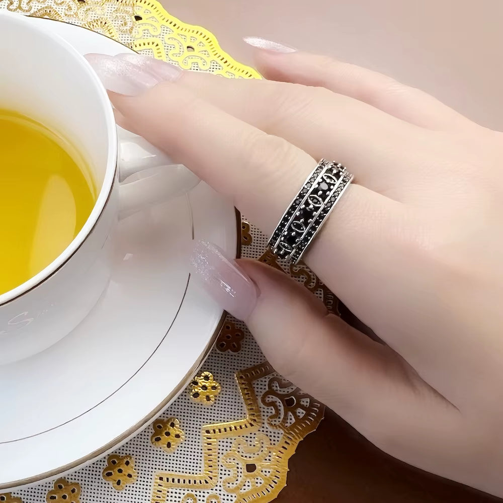 Black Ornament Ring Europe Style Vintage Jewerly for Girls Women Summer Brand New Gift in 925 Sterling Silver