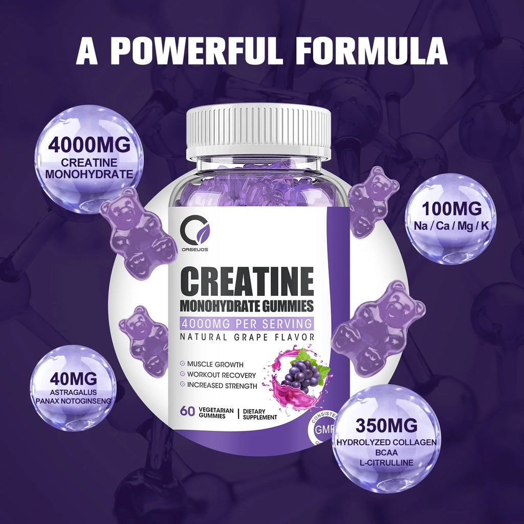 (2 Pack)Creatine Monohydrate Gummies for Women & Men, Boost Focus, Strength, and Endurance, Gluten-Free, Non-Gmo, 4 Grams of Creatine per Serving