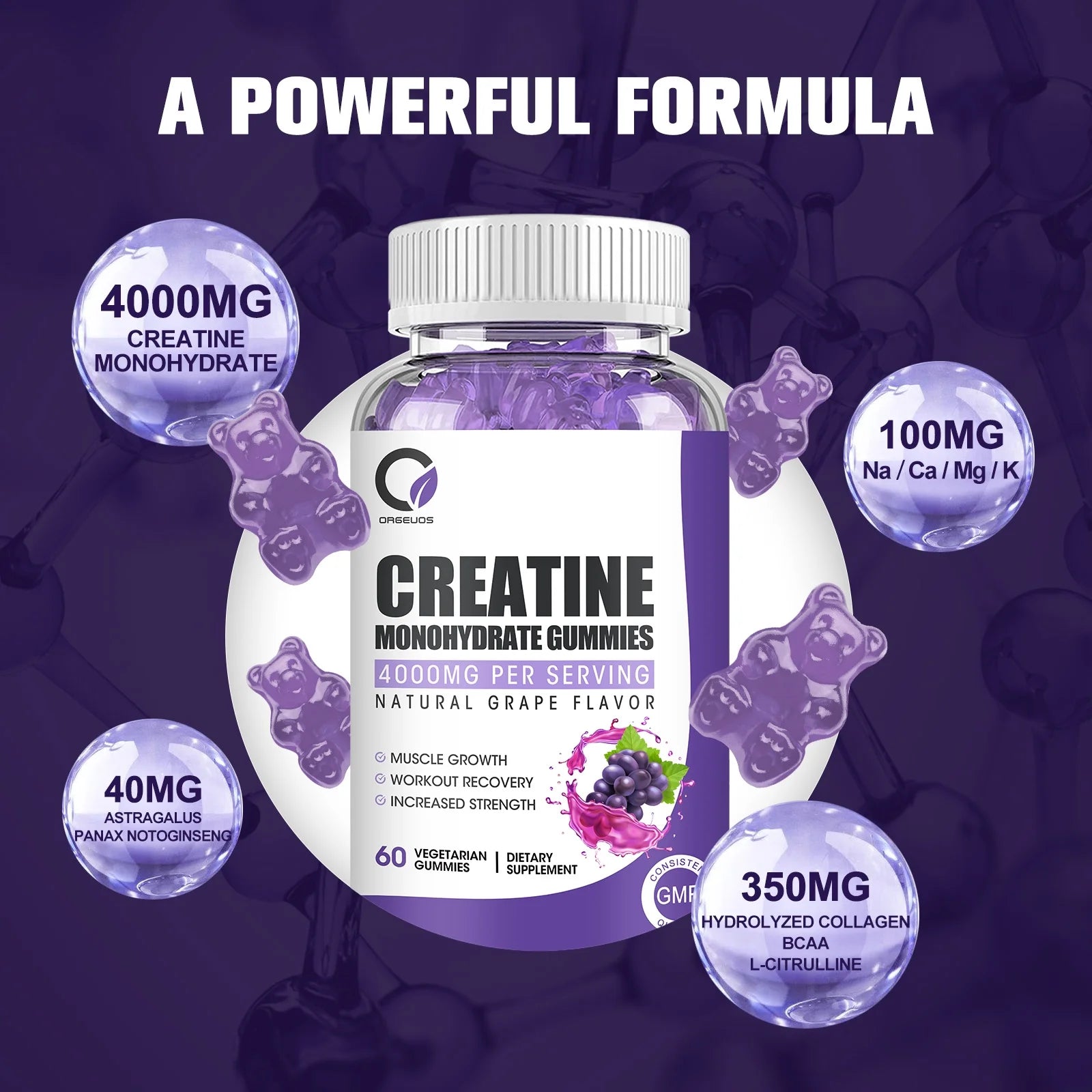 (2 Pack)Creatine Monohydrate Gummies for Women & Men, Boost Focus, Strength, and Endurance, Gluten-Free, Non-Gmo, 4 Grams of Creatine per Serving