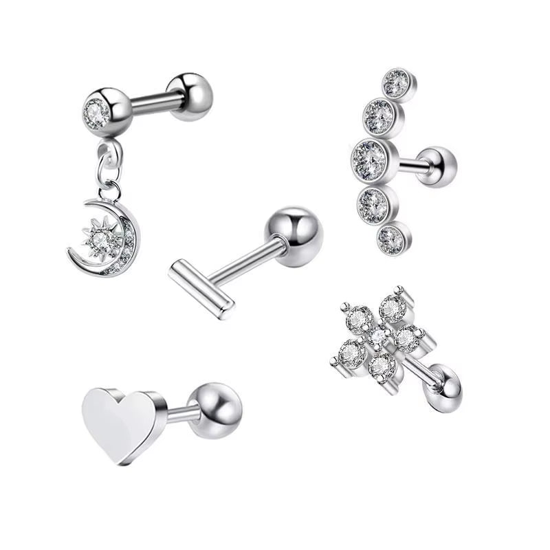 5PCS Heart Tragus Piercing Stud Earring Set Small Lobe Stud Earrings Cartilage Piercing Helix Jewelry Barbell Stud Piercing Lot