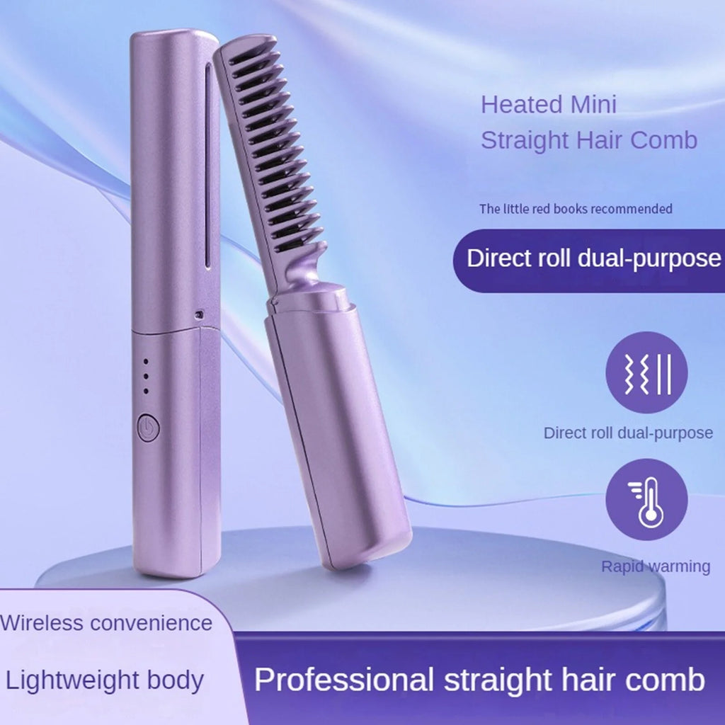 Rechargeable Mini Hair Straightener, Negative Ion Hot Comb Hair Straightener, Portable Cordless Hair Straightening Brush,A Quick Styling Brush