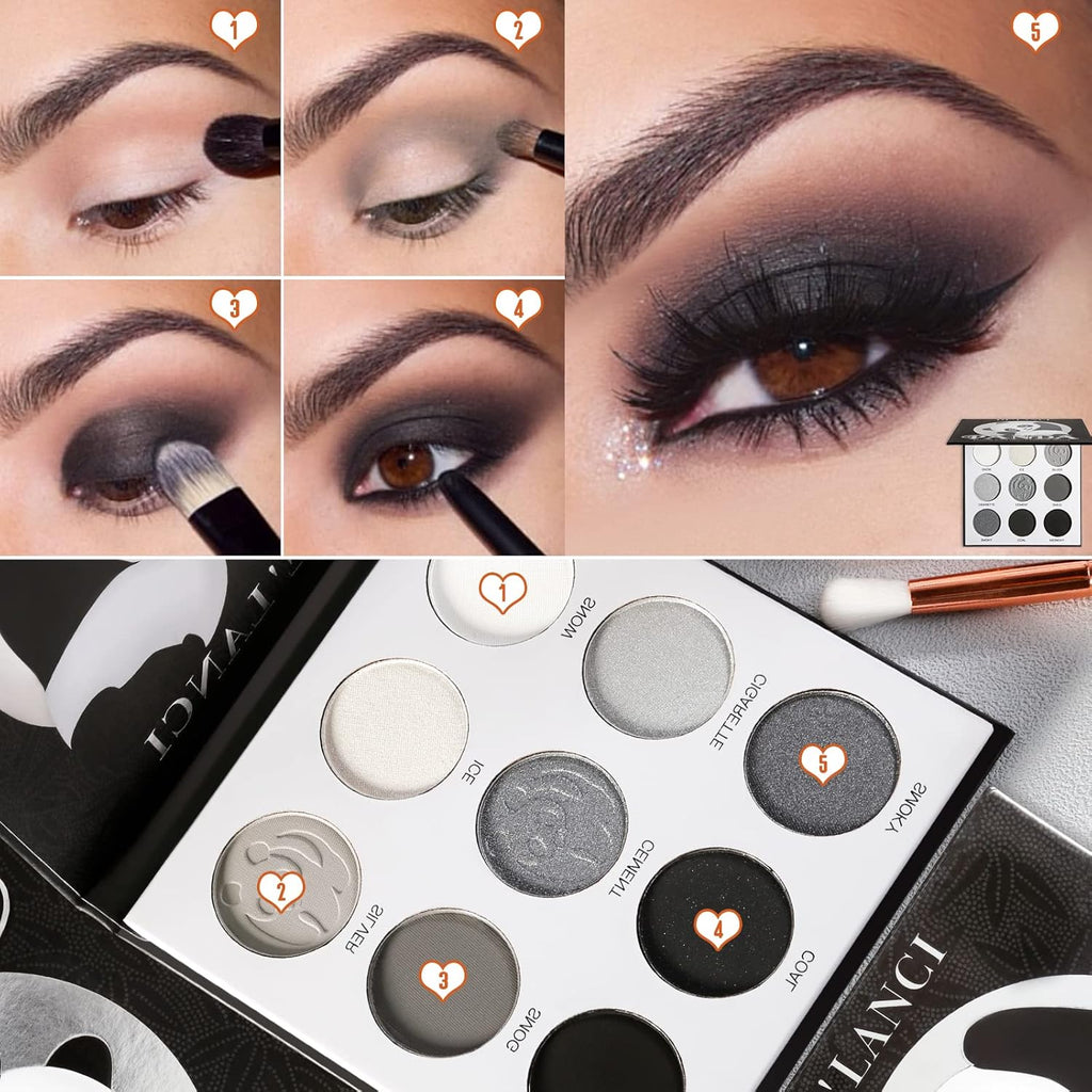 Black Smoky Eye Shadow Palette, DE’LANCI PANDA 9 Colors True Black Dark Grey Smokey Goth Makeup Pallet, 9 Soft Matte Shimmer High Pigmented Basic Black White Gray Shade for Halloween