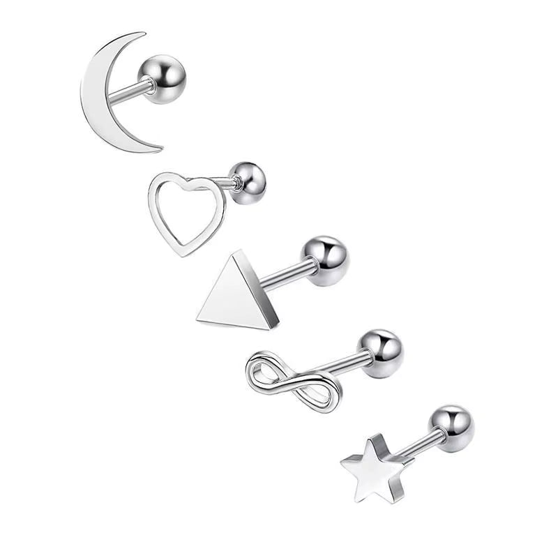 5PCS Heart Tragus Piercing Stud Earring Set Small Lobe Stud Earrings Cartilage Piercing Helix Jewelry Barbell Stud Piercing Lot