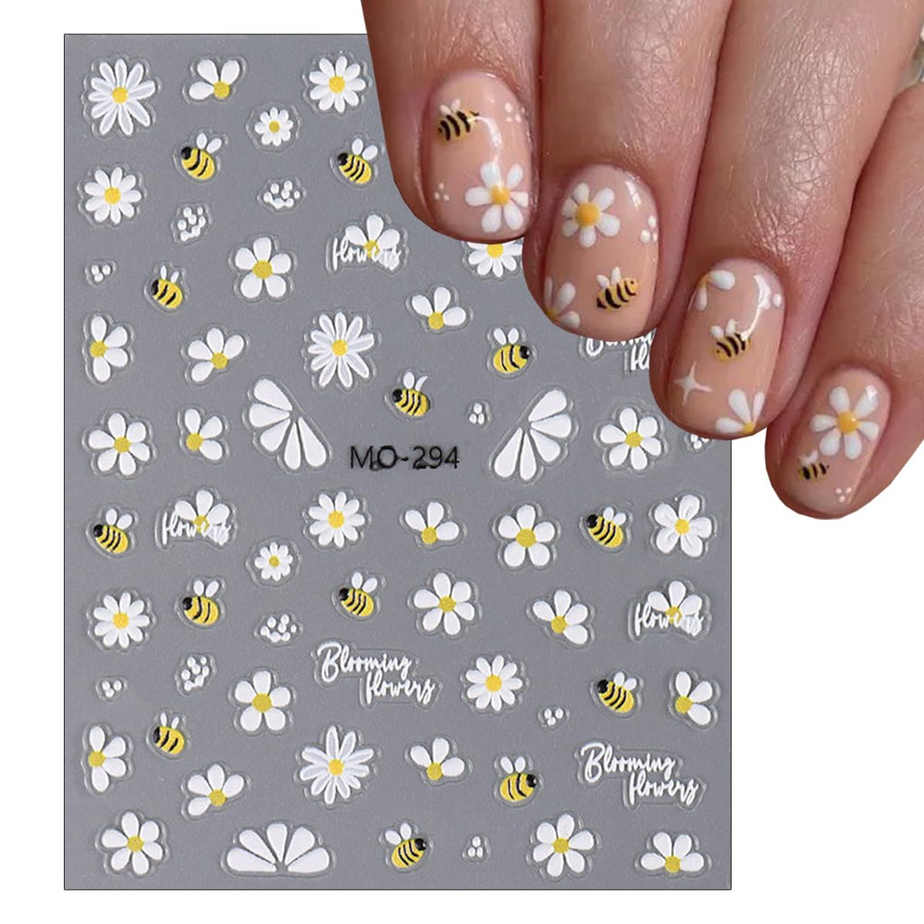 Flower Nail Art Stickers 5D Embossed Cute Bee Nails Decals Spring Daisy Design Fall Flowers Nails Art Decoration Self-Adhesive Nail Supplies for Women Manicure Accessories, 3Pcs