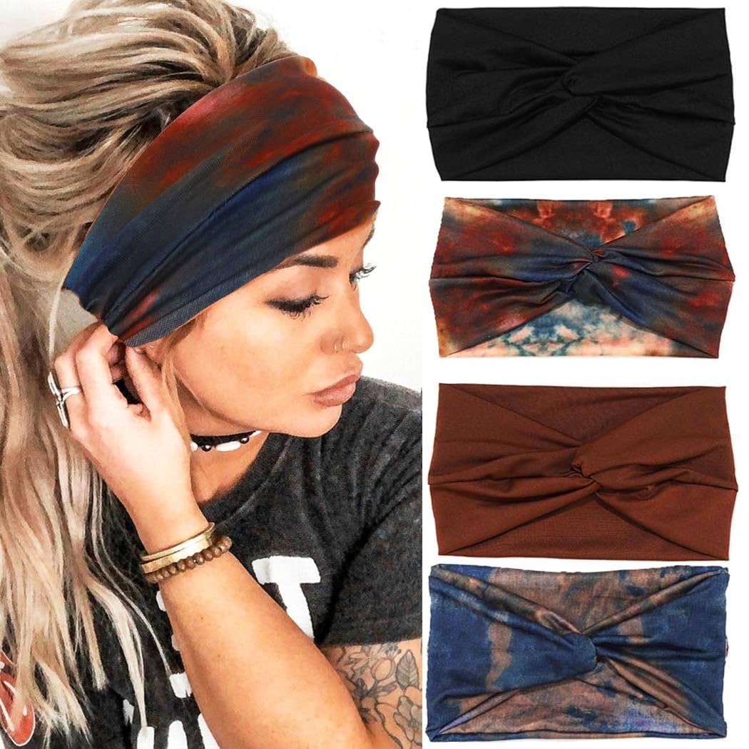 Tie-Dye Headbands for Women Black Boho Wide Headband Stretchy African Head Wraps Hair Bands Hair Accessories Park of 4