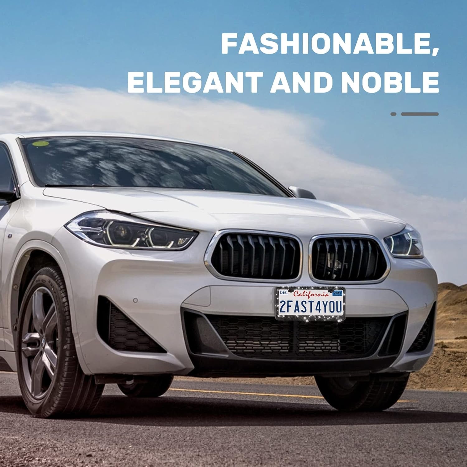 2 Pack Bling License Plate Frames, Sparkly Rhinestone Diamond Car License Plate Cover for Women, Stainless Steel Car Accessories with Glitter Crystal Caps (Black)