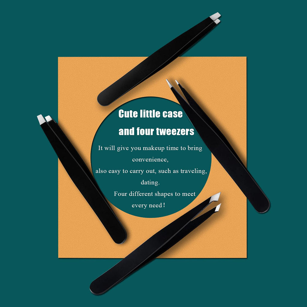 [4+1 Pieces] Tweezers Set with Travel Case, Great Precision Upgrade Professional Anti-Rust Alloy Tweezers for Women & Men Multi-Purpose as Eyebrows Facial Hair Ingrown Hair Removal