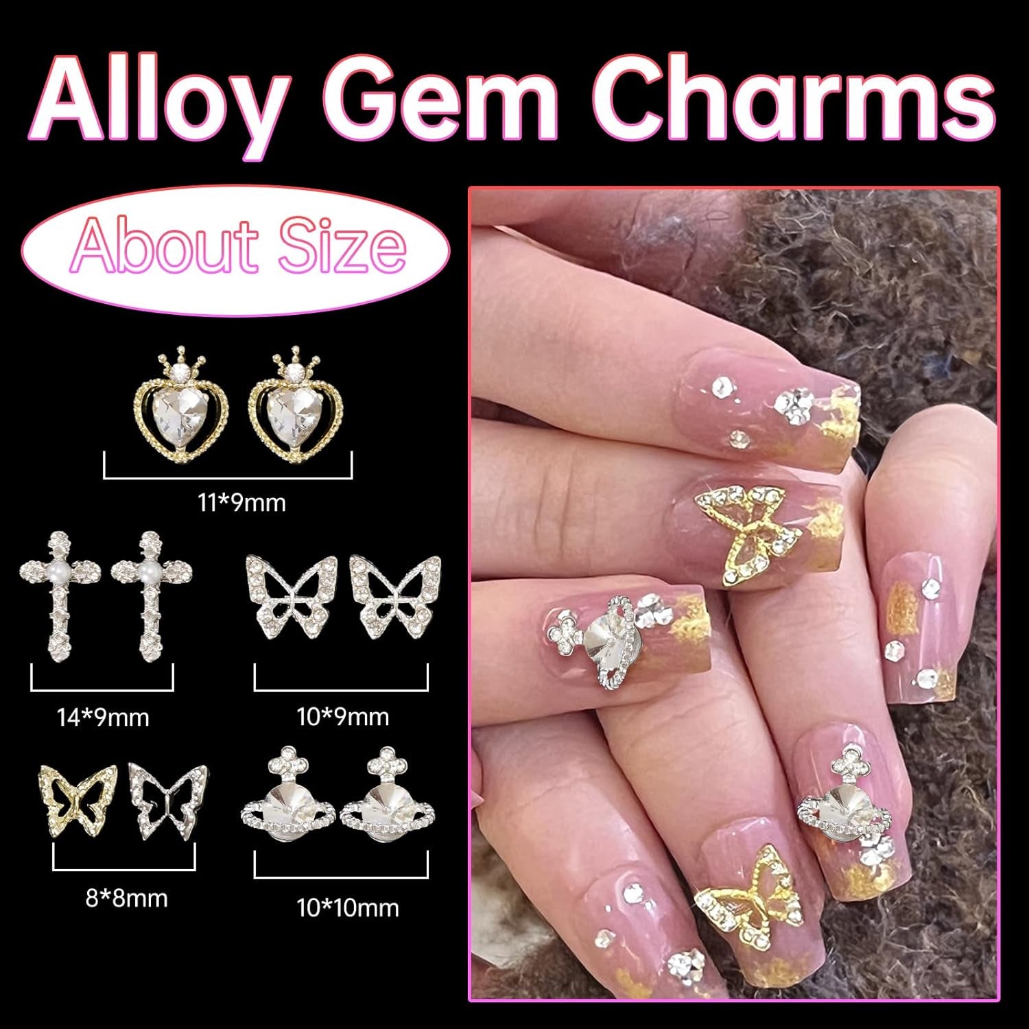 320Pcs White Butterfly Planet Heart Star Cross Nail Rhinestones Charms 3D Alloy Pearl Nail Charms Bow Flower Nail Charms for Manicure DIY Craft Jewel Accessories, Small