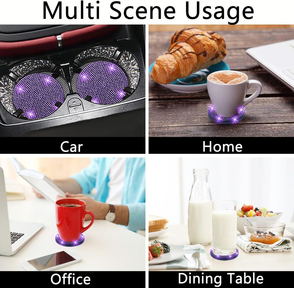 2Pcs Bling Car Cup Holder Coaster, 2.75 Inch Anti-Slip Shockproof Universal Car Coasters Insert Bling Crystal Rhinestone Automotive Interior Accessories for Women (2 Pcs, Purple Violet)