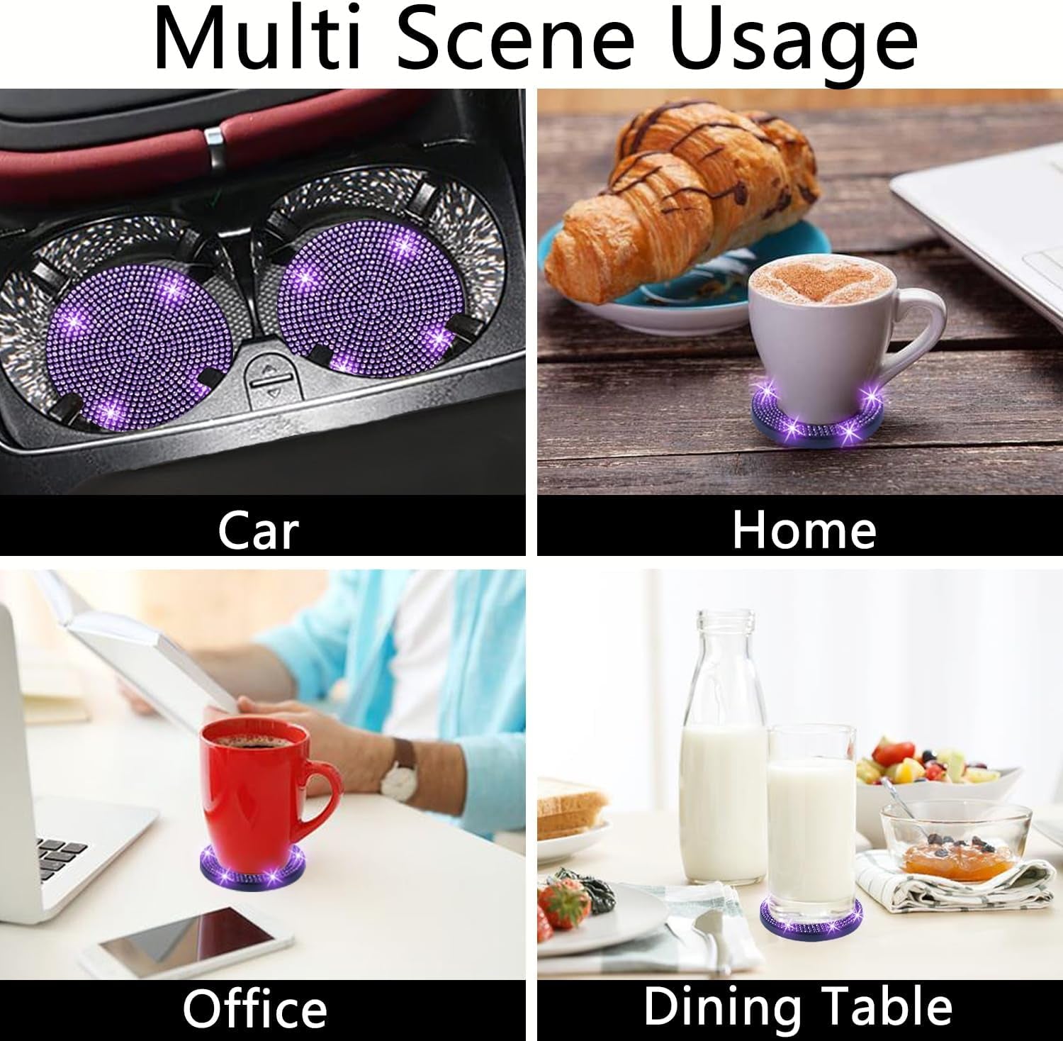 2Pcs Bling Car Cup Holder Coaster, 2.75 Inch Anti-Slip Shockproof Universal Car Coasters Insert Bling Crystal Rhinestone Automotive Interior Accessories for Women (2 Pcs, Purple Violet)