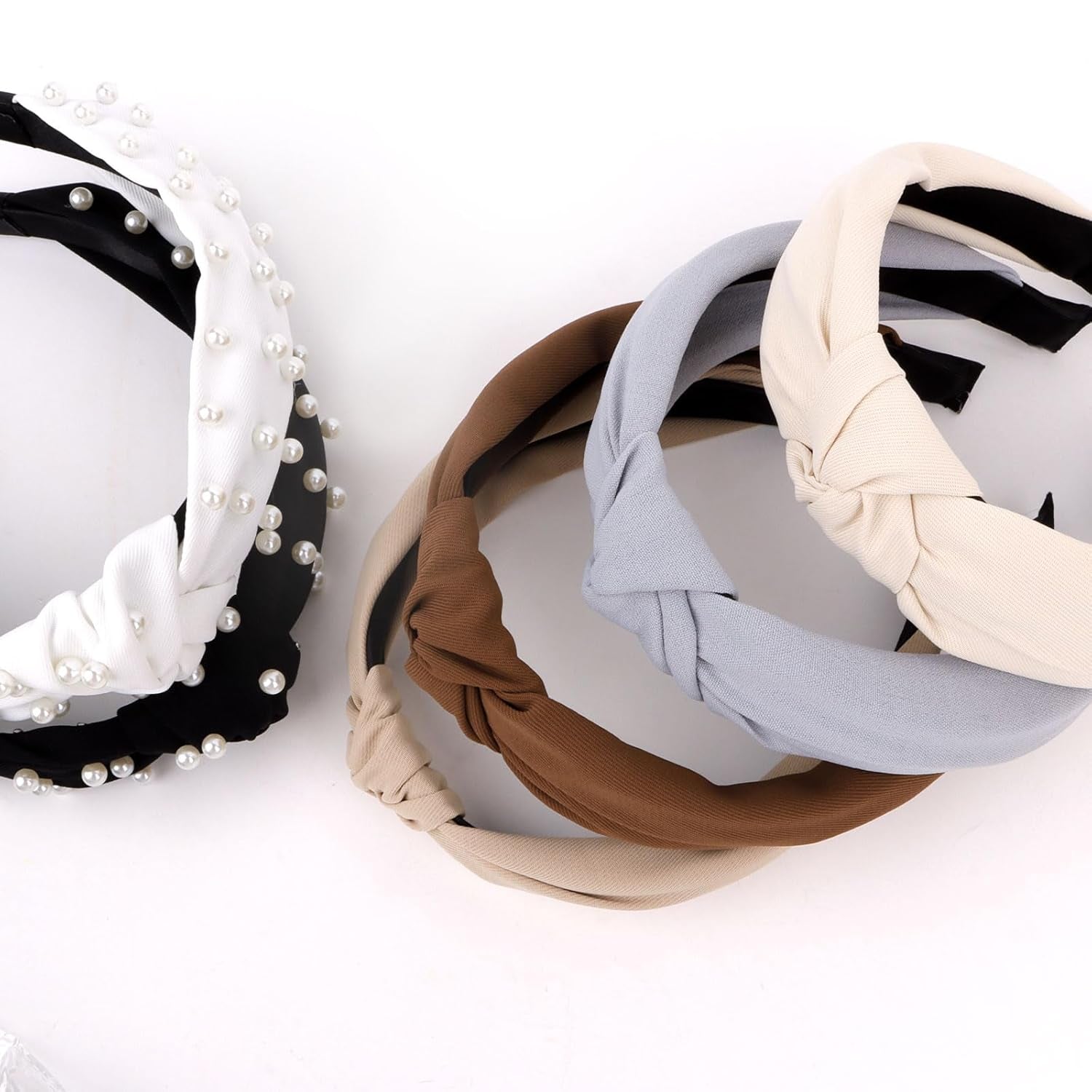 6PCS Knotted Headbands for Women Girls Non Slip Pearl Headband Top Knot Headband for Women Black White Brown Head Band Hair Accessories for Women