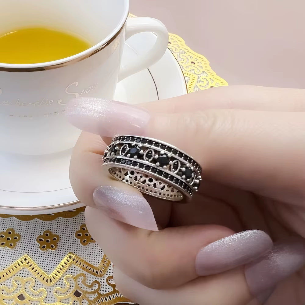 Black Ornament Ring Europe Style Vintage Jewerly for Girls Women Summer Brand New Gift in 925 Sterling Silver