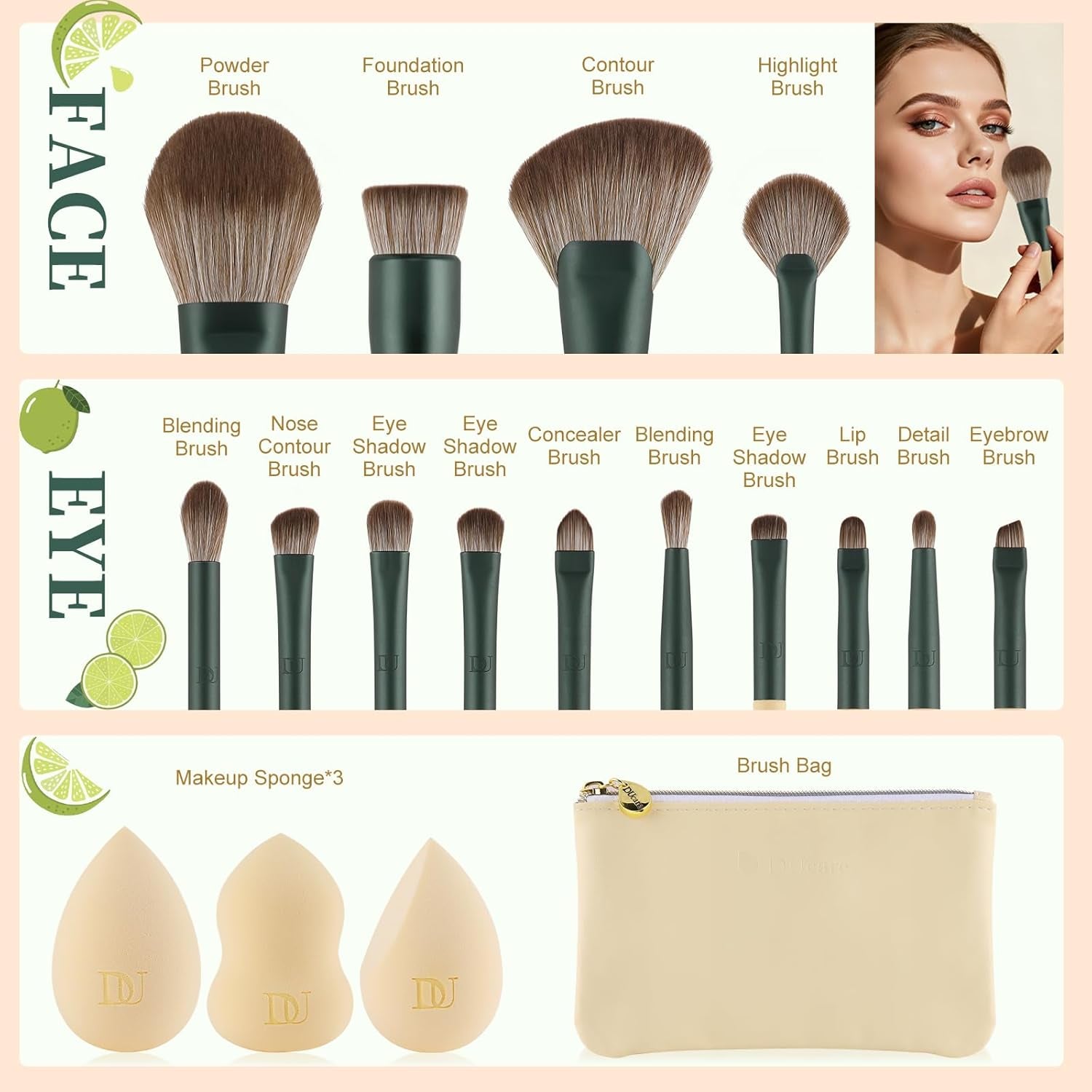 Makeup Brushes 14Pcs with 3Pcs Christmas Sponges Cosmetic Bag Makeup Brush Set for Foundation Blending Face Powder Blush Concealers Eye Shadows