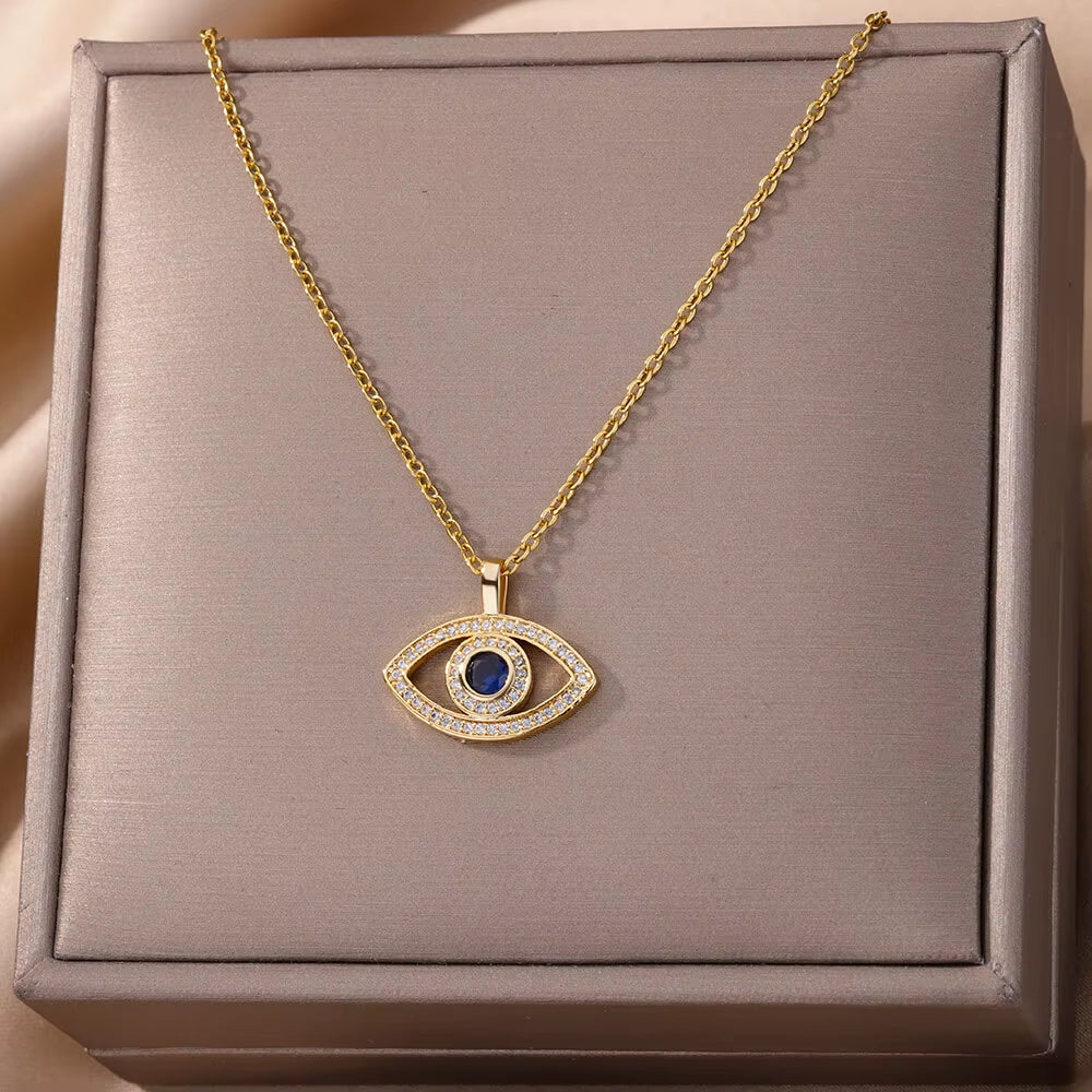 Zircon Evil Eye Pendant Necklaces for Women Stainless Steel Gold Color Necklace 2024 Trend Aesthetic Lucky Turkish Jewerly Gift
