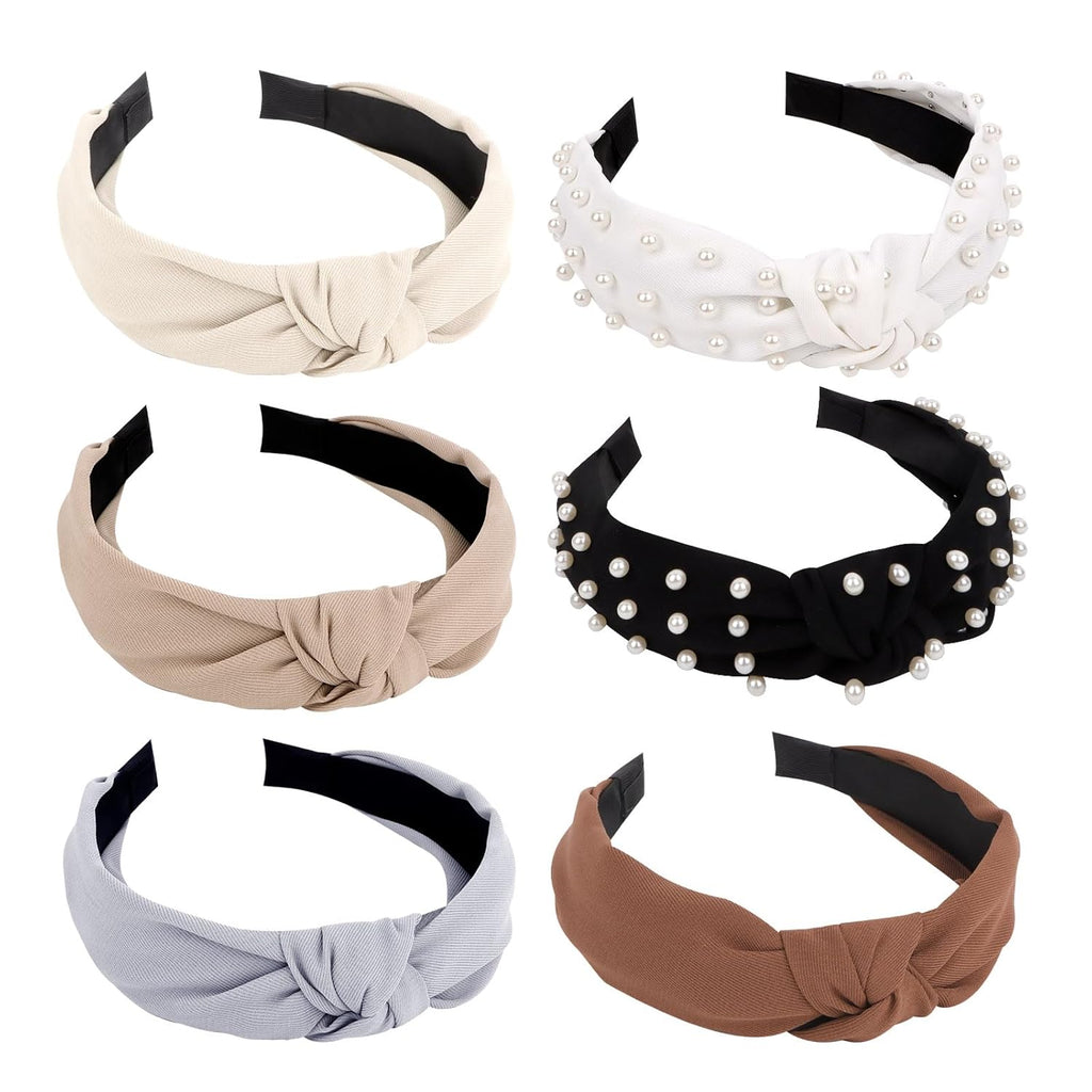 6PCS Knotted Headbands for Women Girls Non Slip Pearl Headband Top Knot Headband for Women Black White Brown Head Band Hair Accessories for Women