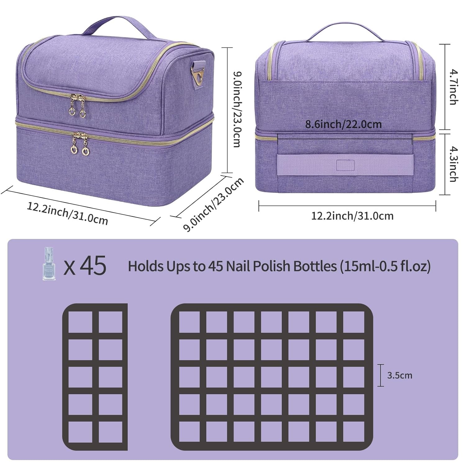 Nail Polish Organizer Case, Nail Supplies Storage Box Holds 45 Bottles Nail Polish & Nail Lamp, Travel Nail Tech Carrying Case, Nail Kit Bag for Nail Stuff & Manicure Tools