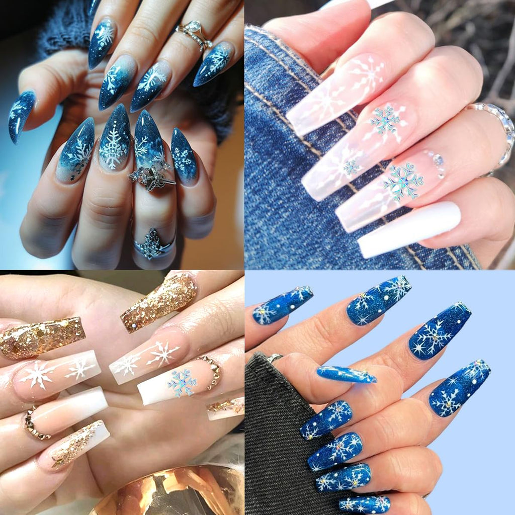 5D Embossed Christmas Laser Nail Stickers - Holographic Blue White Snowflake Self-Adhesive Decals for Winter Bronzing Nail Art Kit