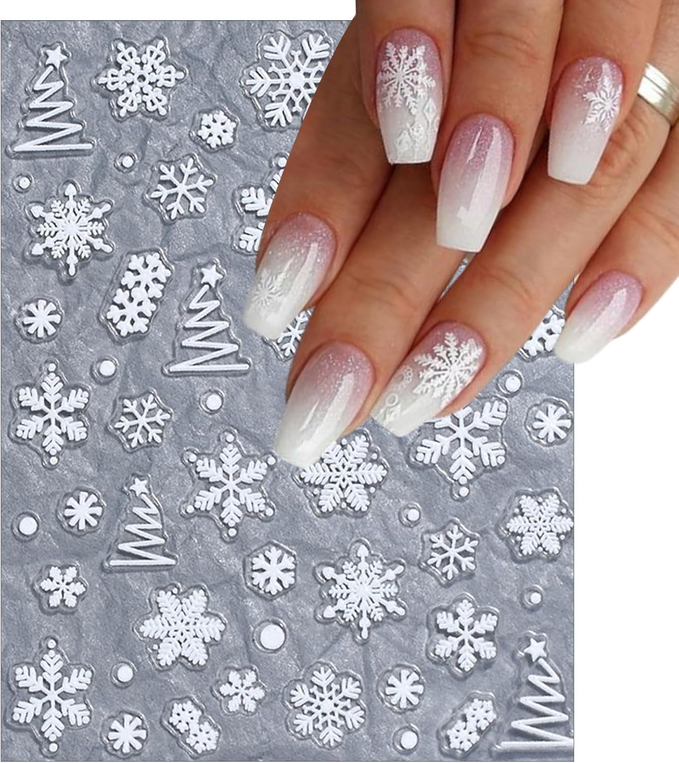 3 Sheets Christmas White Snowflake Nail Art Stickers 5D Embossed Blue Xmas Tree Nail Decals Xmas Winter French Snowflake Design Nail Stickers for Women and Girls DIY Christmas Nail Decoration