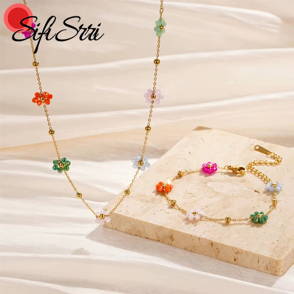 Sifisrri Vintage Color Flower Beads Chain Necklace Bracelet Jewerly Set for Women Stainless Steel Fashion Valentine'S Day Gift