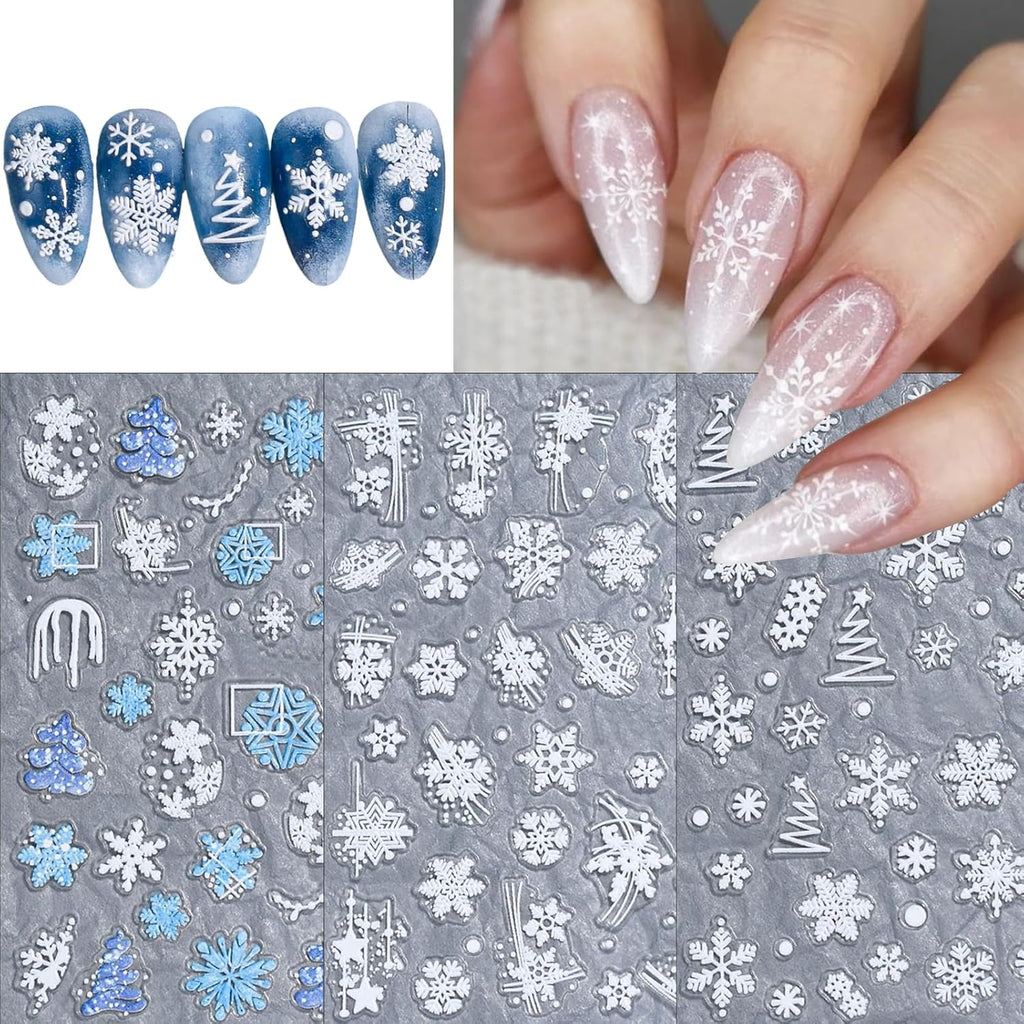 3 Sheets Christmas White Snowflake Nail Art Stickers 5D Embossed Blue Xmas Tree Nail Decals Xmas Winter French Snowflake Design Nail Stickers for Women and Girls DIY Christmas Nail Decoration