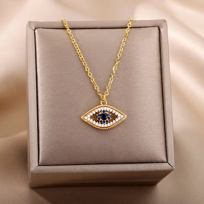 Turkish Evil Eye Pendant Necklace for Women Gold Color Stainless Steel Necklaces 2024 Trending Choker Lucky Aesthetic Jewelry