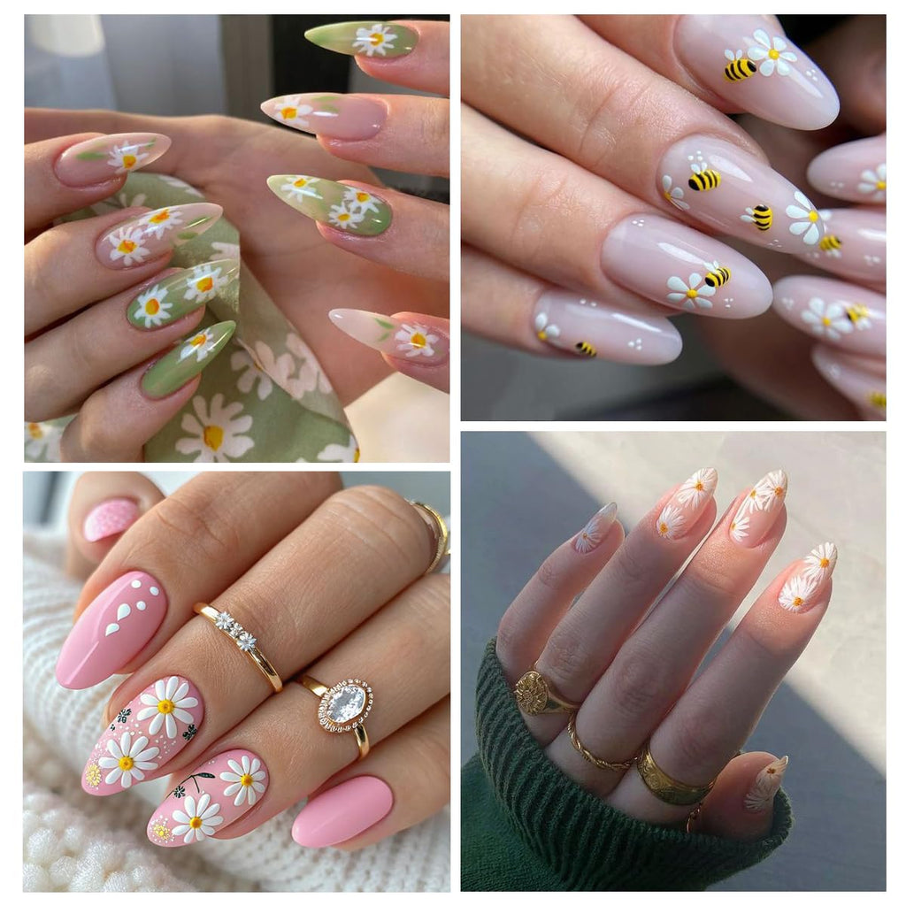 Flower Nail Art Stickers 5D Embossed Cute Bee Nails Decals Spring Daisy Design Fall Flowers Nails Art Decoration Self-Adhesive Nail Supplies for Women Manicure Accessories, 3Pcs
