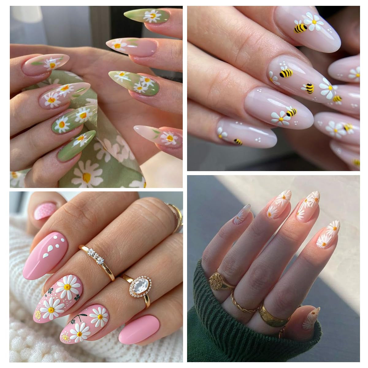 Flower Nail Art Stickers 5D Embossed Cute Bee Nails Decals Spring Daisy Design Fall Flowers Nails Art Decoration Self-Adhesive Nail Supplies for Women Manicure Accessories, 3Pcs