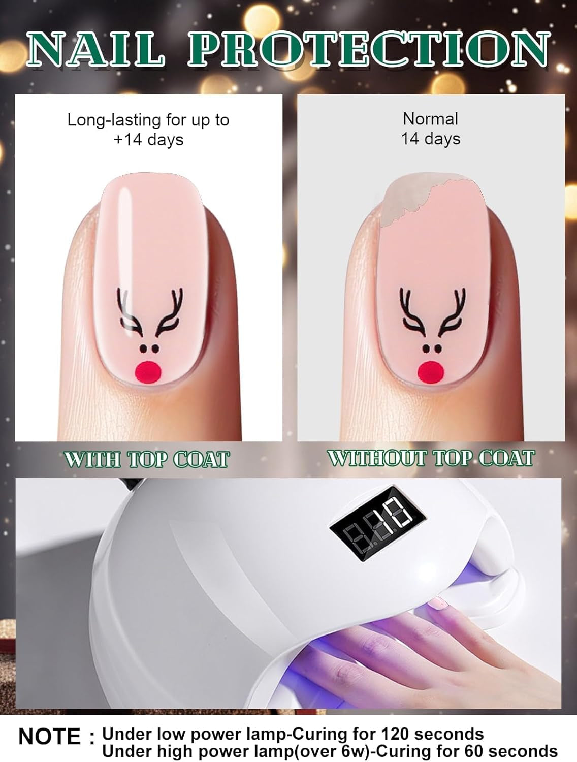 Christmas UV Gel Nail Art Stickers - 24PCS Semi Cured Nail Strips with Red Glitter, Elk Design, Nail File and Stick for Holiday Manicure