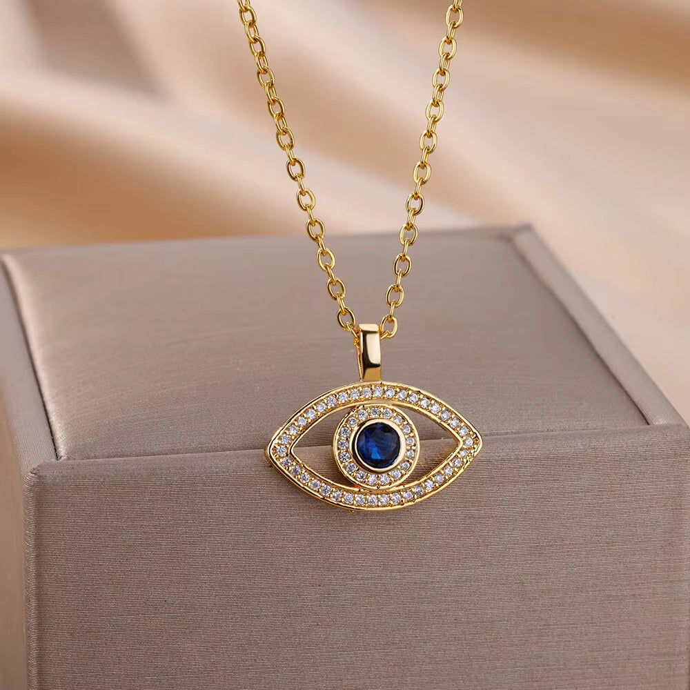 Zircon Evil Eye Pendant Necklace for Women Stainless Steel Lucky Turkish Demon Eye Necklaces 2023 New Trend Aesthetic Jewerly