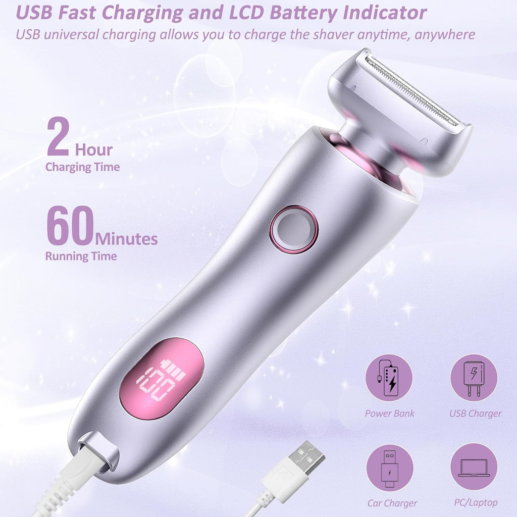 Electric Shaver for Women Legs - Electric Razors for Women Pubic Hair Underarm Arm Bikini Private Area, Portable Painless Lady Body Hair Trimmer Waterproof Wet or Dry, USB Rechargeable (Purple)