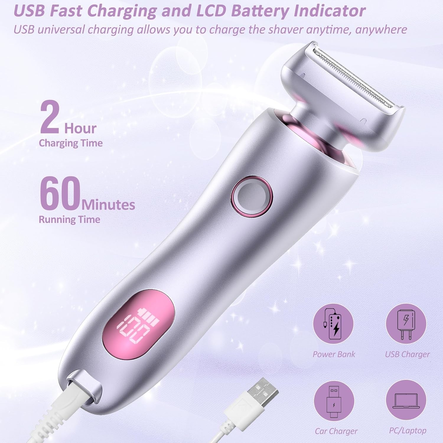 Electric Shaver for Women Legs - Electric Razors for Women Pubic Hair Underarm Arm Bikini Private Area, Portable Painless Lady Body Hair Trimmer Waterproof Wet or Dry, USB Rechargeable (Purple)