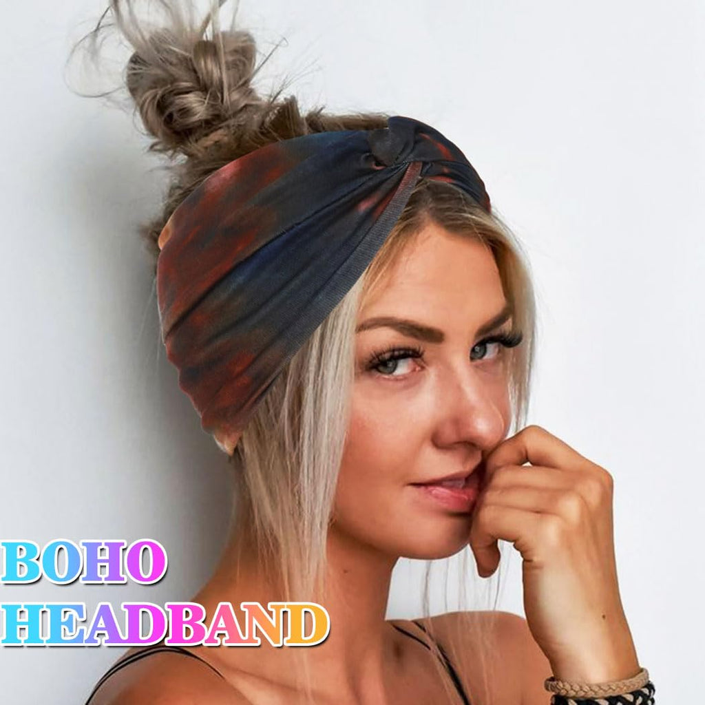Tie-Dye Headbands for Women Black Boho Wide Headband Stretchy African Head Wraps Hair Bands Hair Accessories Park of 4