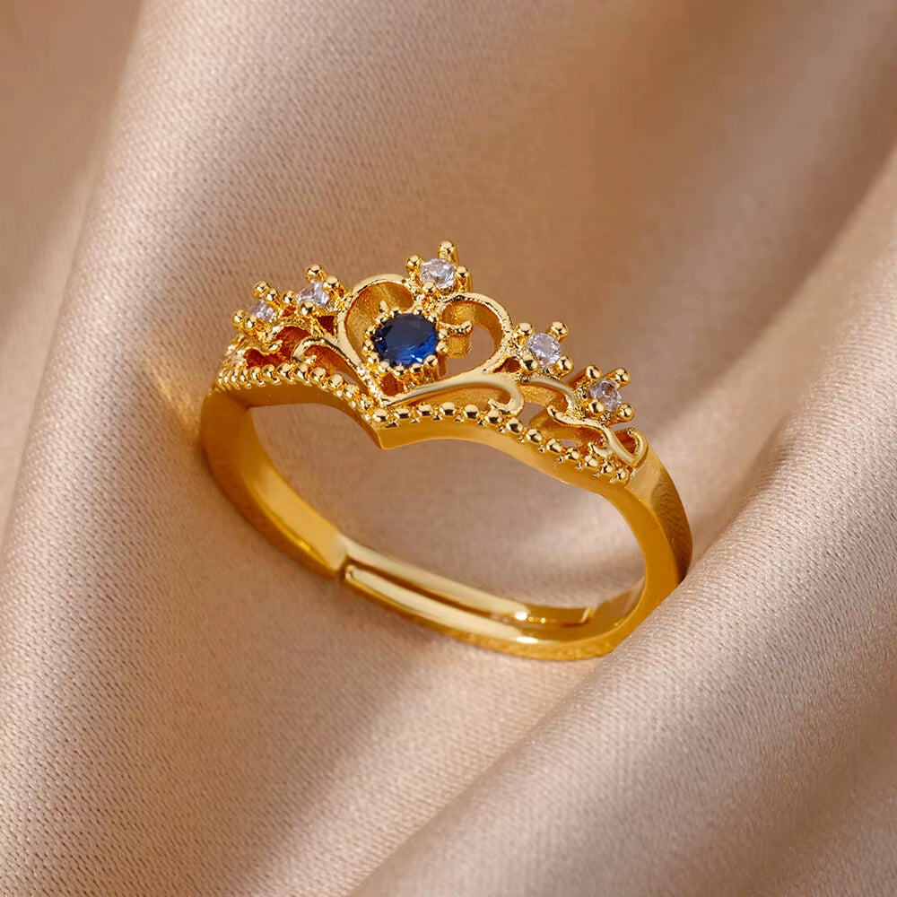 Blue Zircon Crown Rings for Women Stainless Steel Gold Color Adjustable Crown Ring 2025 Trend Design Female Wedding Jewerly Gift