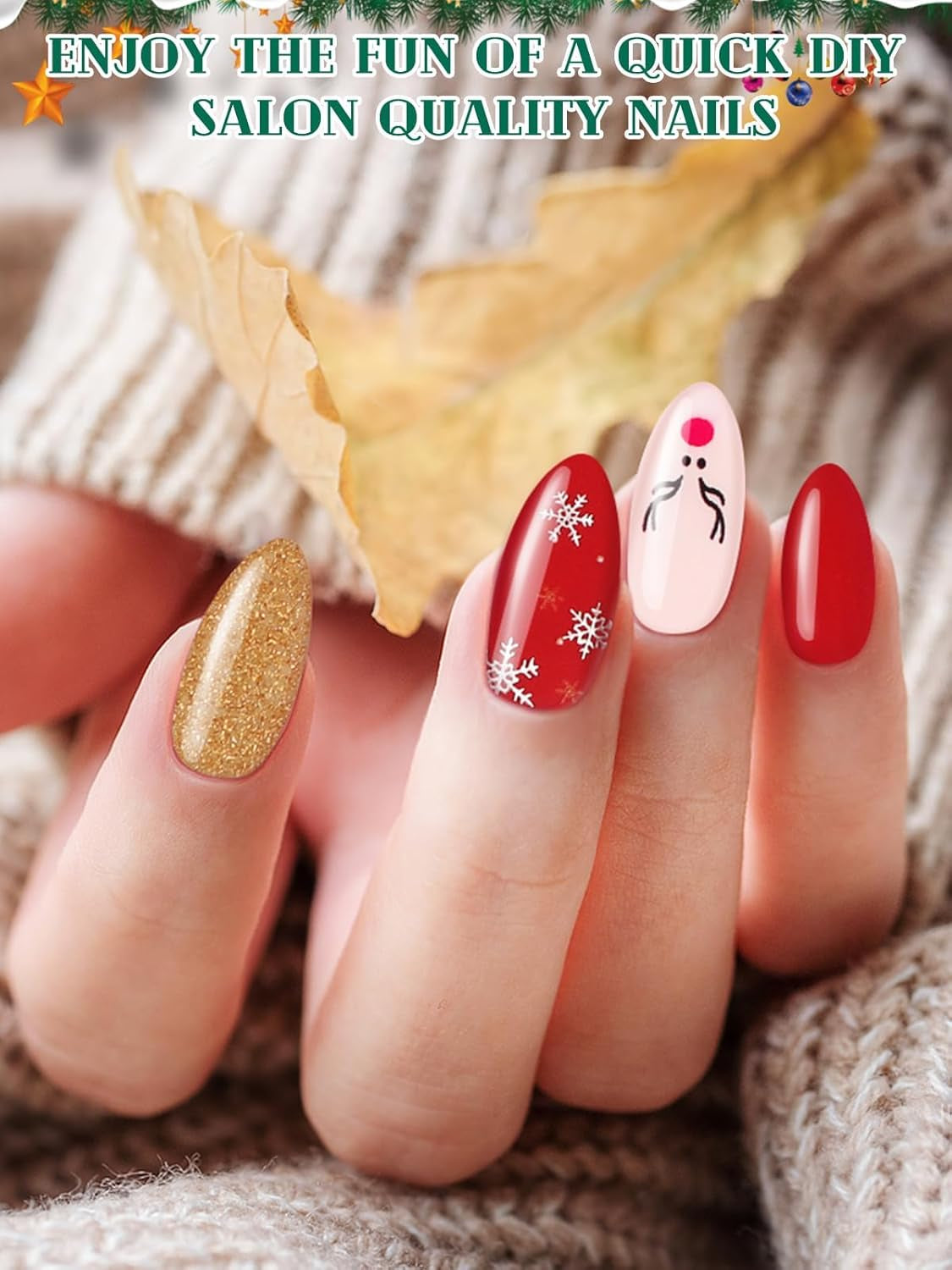 Christmas UV Gel Nail Art Stickers - 24PCS Semi Cured Nail Strips with Red Glitter, Elk Design, Nail File and Stick for Holiday Manicure