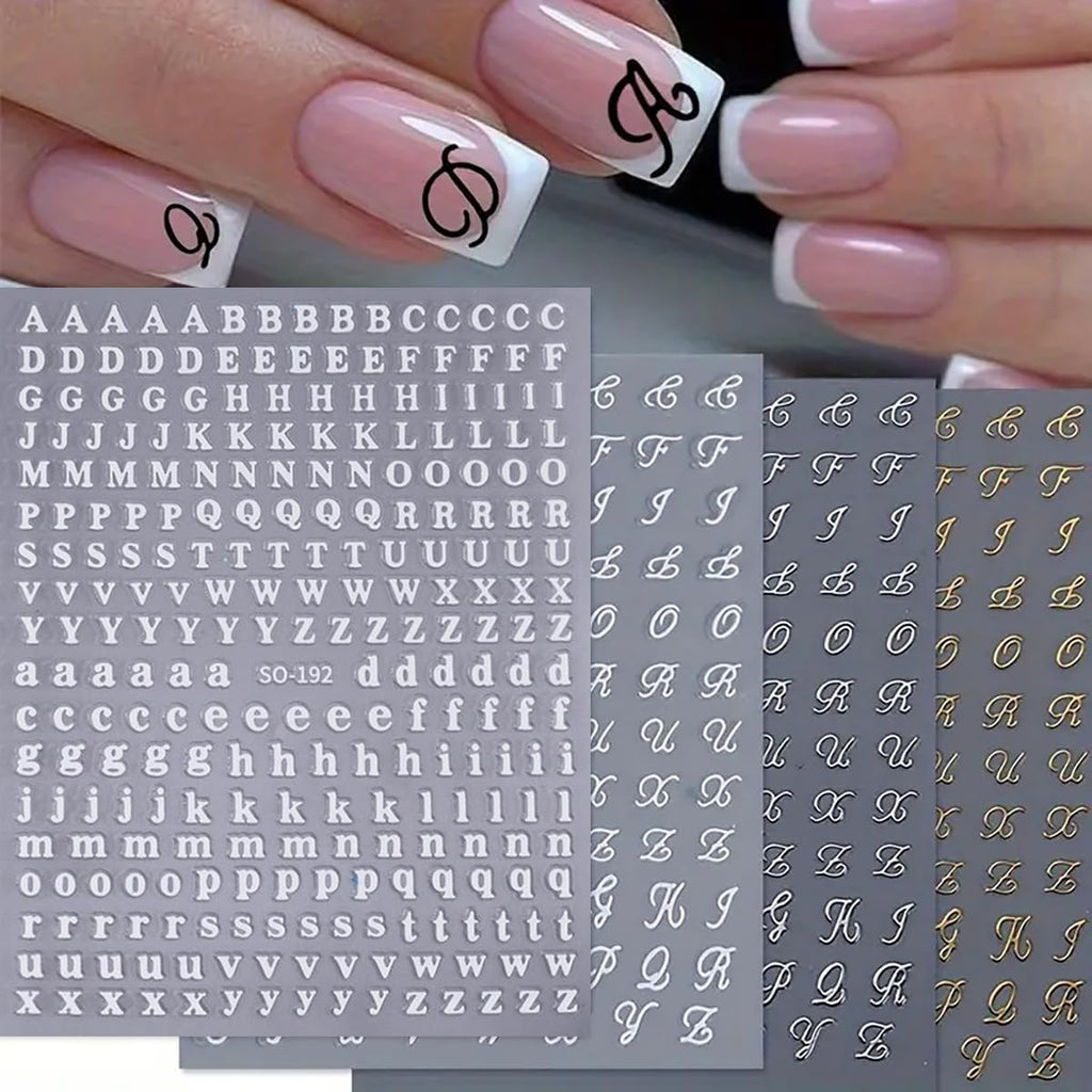 English Letters Nail Stickers for Nail Art, 8 Sheets English Letters Nail Decals with Retro Design, 3D Self-Adhesive Black White Gold Silver Letters Nail Art Sticker for DIY Nail Decoration Charms